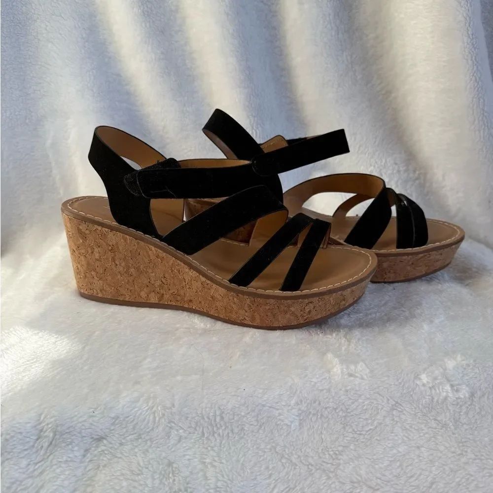 Soda Black Wedge Sandals with Cork Heel